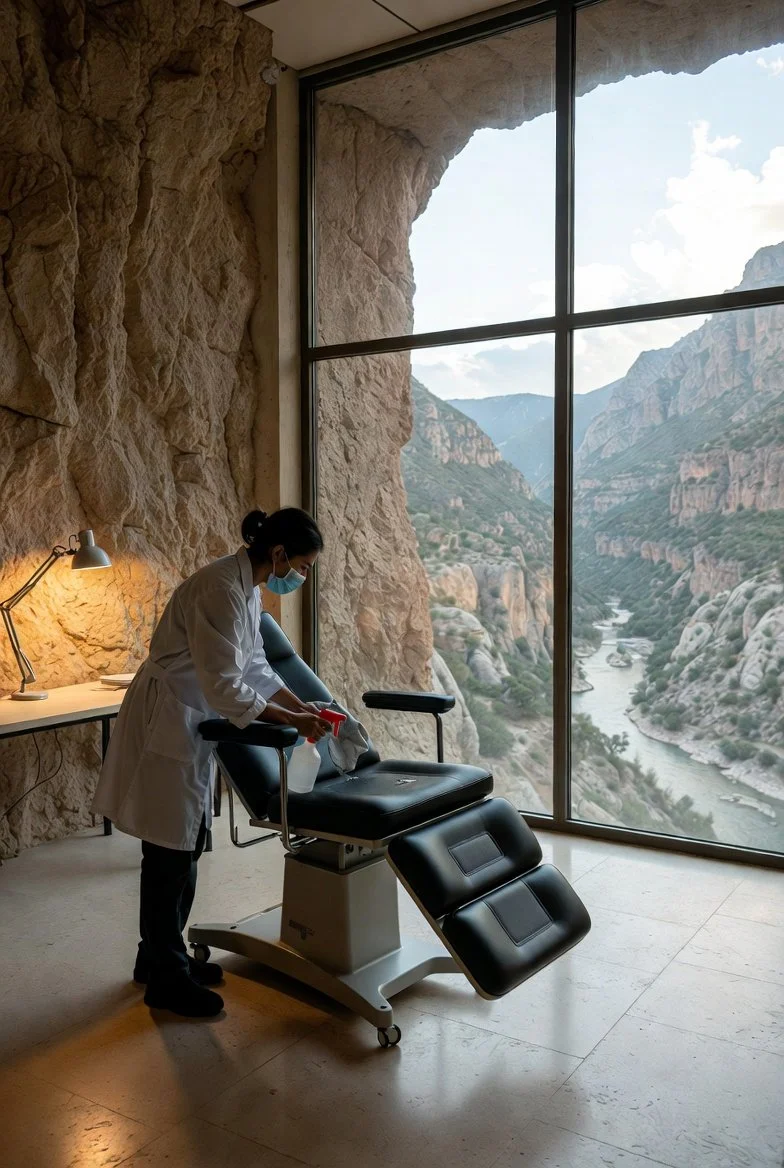 A healthcare professional in a medical setting disinfecting a patient's examination table while wearing a face mask, with large window overlooking rocky mountains and a river outside.