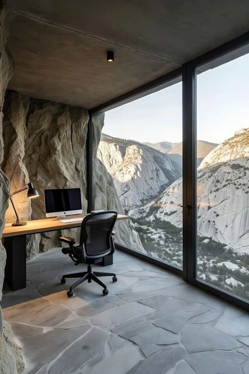 Modern office with stone walls, large window overlooking a mountainous landscape, desk with computer, office chair, and desk lamp.