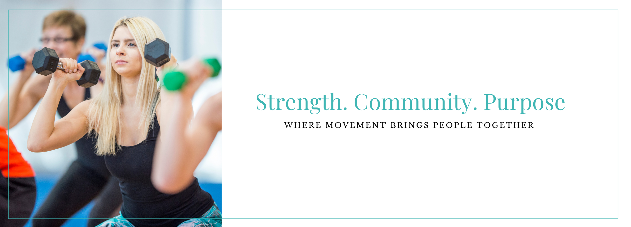 A group of people exercising with dumbbells in a fitness class, focused on a blonde woman in the foreground lifting black dumbbells.