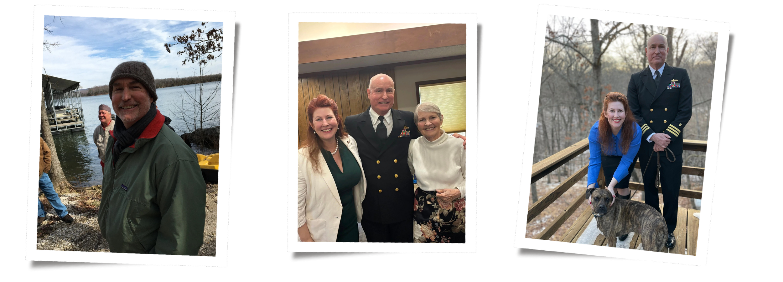 A collage of three photos. The first photo shows a man with a gray beanie and green jacket smiling outdoors near a lake with trees and a dock. The second photo shows three people dressed in formal attire, smiling indoors; a woman with red hair, a man in a military uniform, and an elderly woman with gray hair wearing a white sweater. The third photo shows a woman with red hair in a blue shirt and black skirt squatting next to a man in a military uniform, both smiling outdoors on a wooden deck with bare trees in the background, and a brindle-coated dog on a leash.