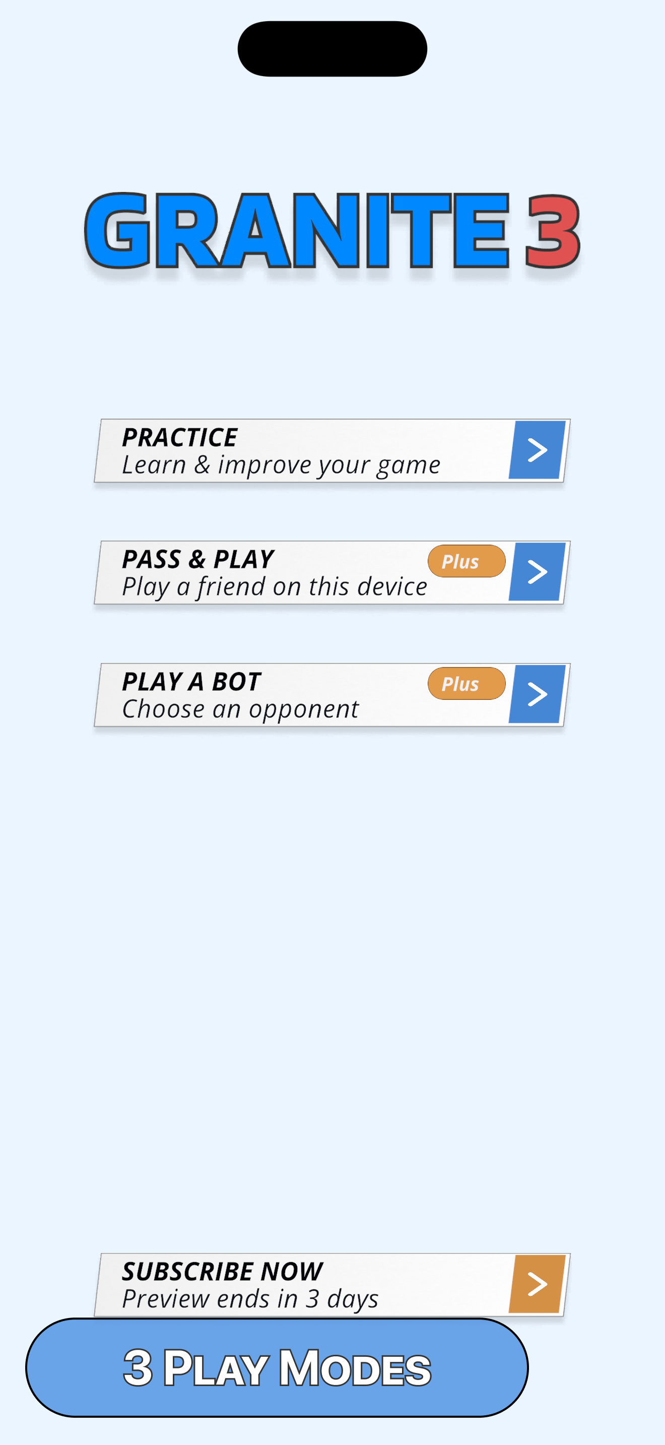 Granite 3 curling screenshot showing play modes for practice, pass-and-play, and playing against a bot