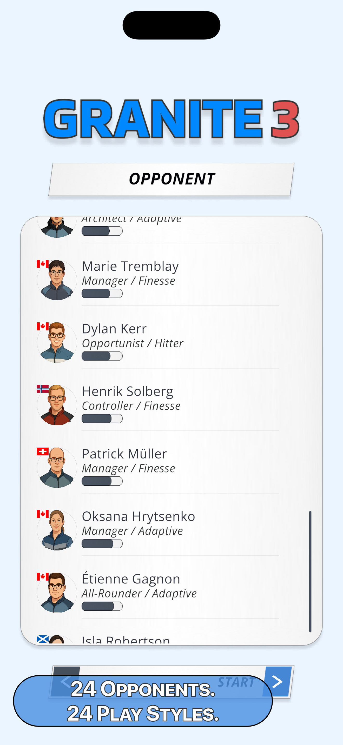 Granite 3 curling screenshot showing the list of 24 opponent bots with different strengths and styles