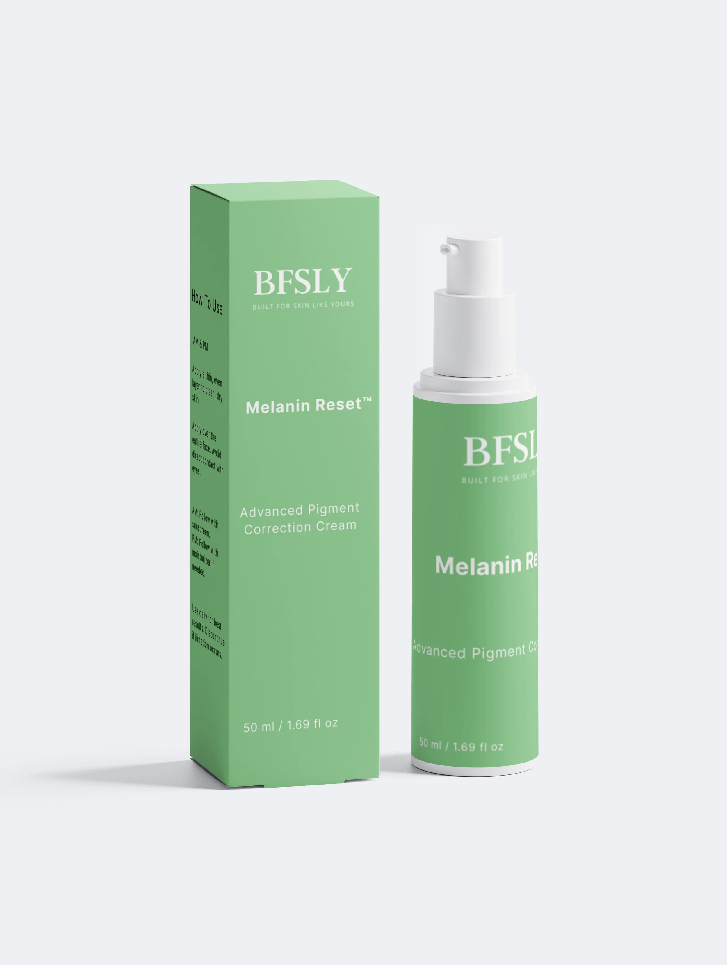 A hand holding a green bottle of sensitive skin soothing barrier serum with a white pump, against a light green background.