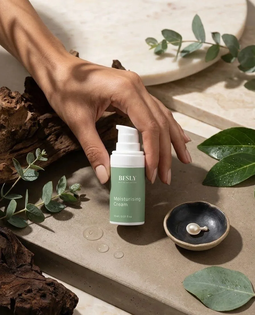 A hand holding a pump bottle labeled 'BFSLY Moisturising Cream' on a neutral surface surrounded by green leaves, a small black bowl with a pearl, dried wood, and a large white dish in the background.