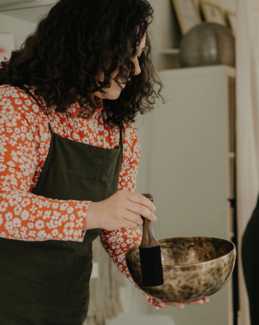 Sound healing bowls arranged for calming group session