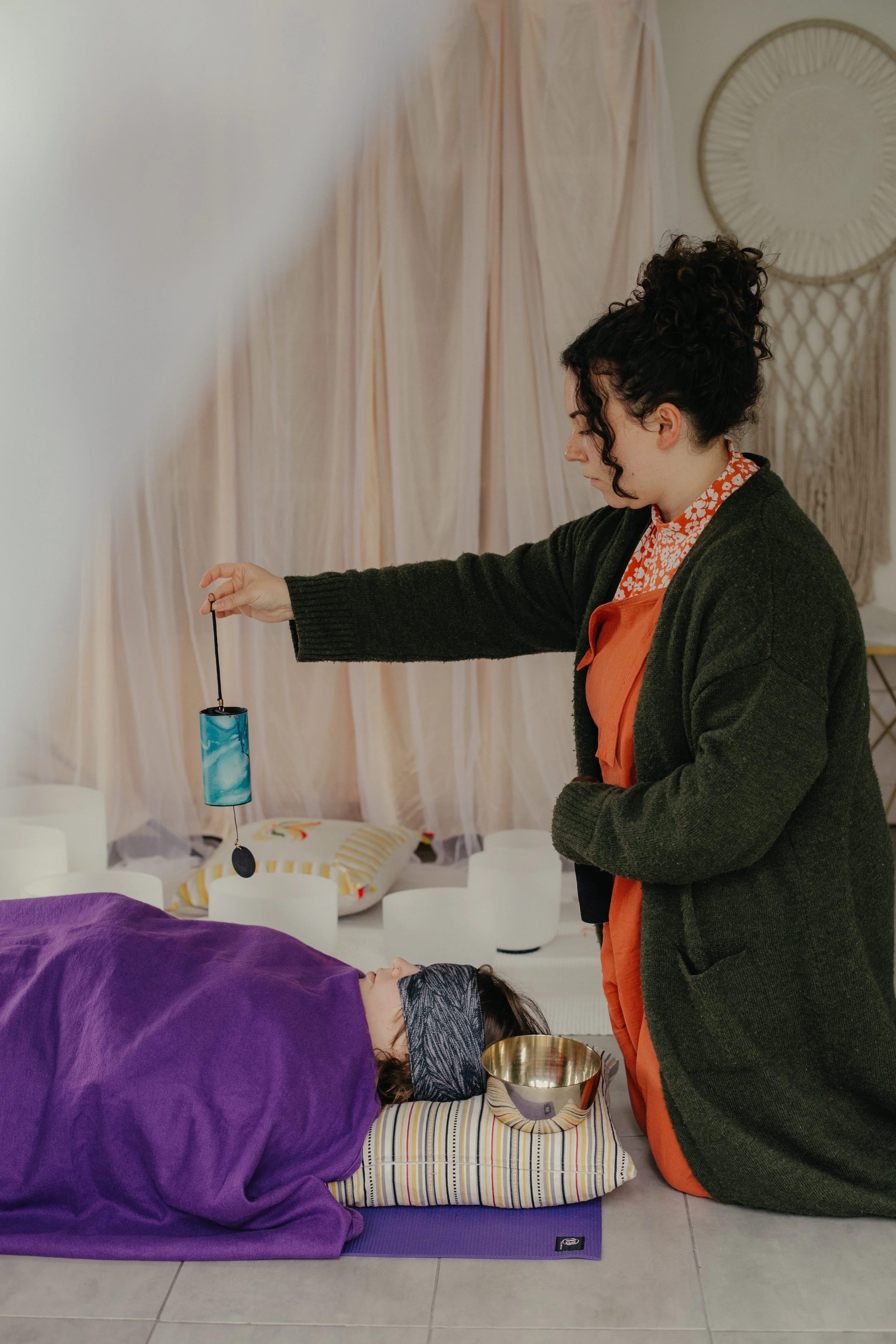 Private sound healing session in a calm studio environment