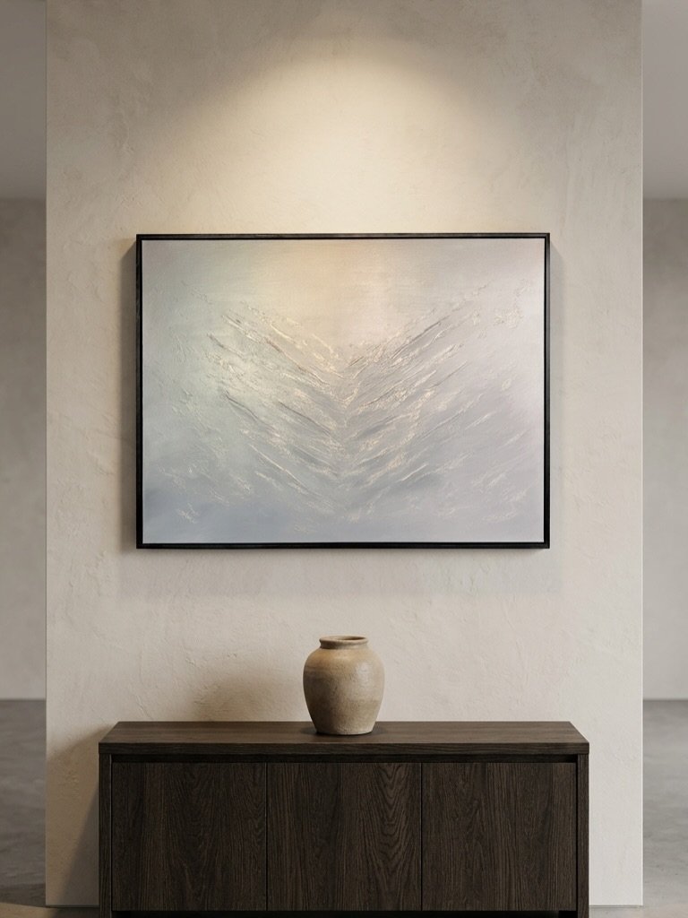 A quiet moment, captured in texture.
Soft layers of grey, blue and gold catch the light differently throughout the day, bringing a sense of calm and refinement to any space.

Now available on the website.