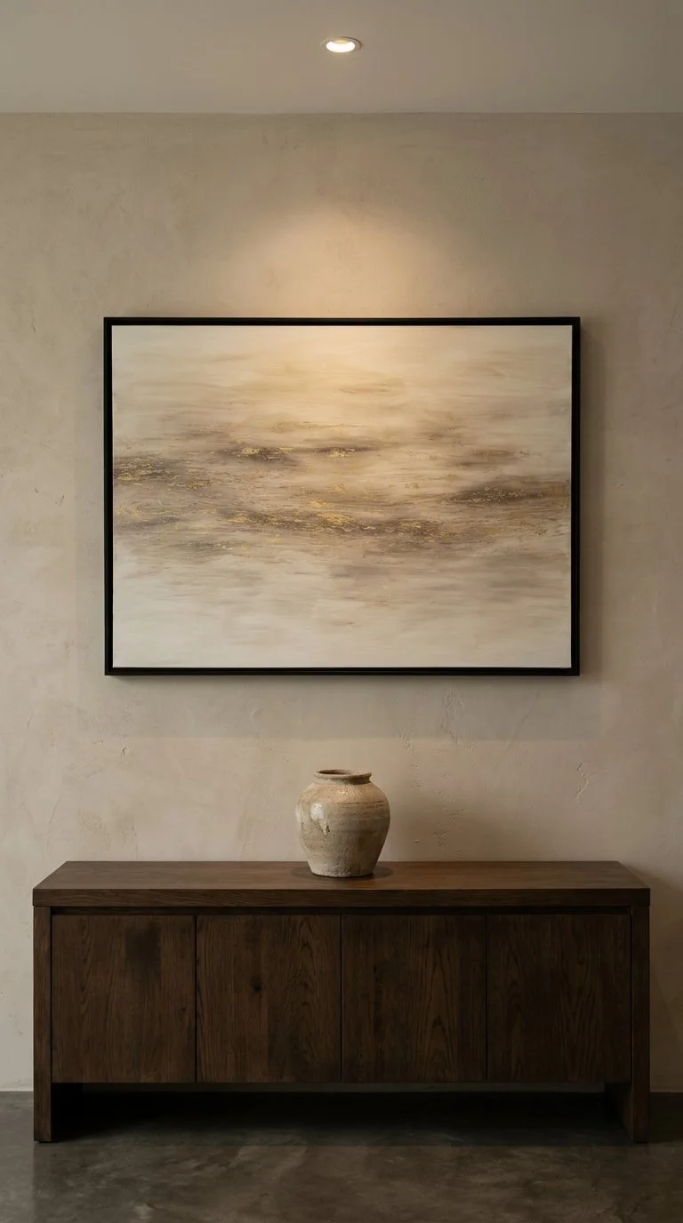 A minimalist interior decor featuring a large framed abstract painting in neutral tones hanging on a textured light-colored wall. Below the painting is a wooden console table with a rustic finish, topped with a ceramic vase. Black frame. New Zealand.