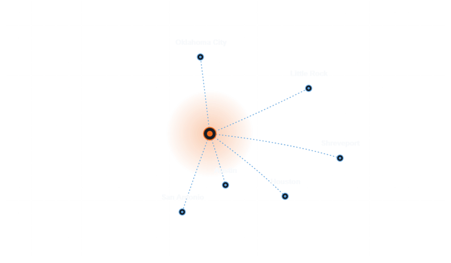 A digital visualization showing a central orange sphere surrounded by blue and white connecting lines, set against a pixelated black, gray, and white background with grid lines.