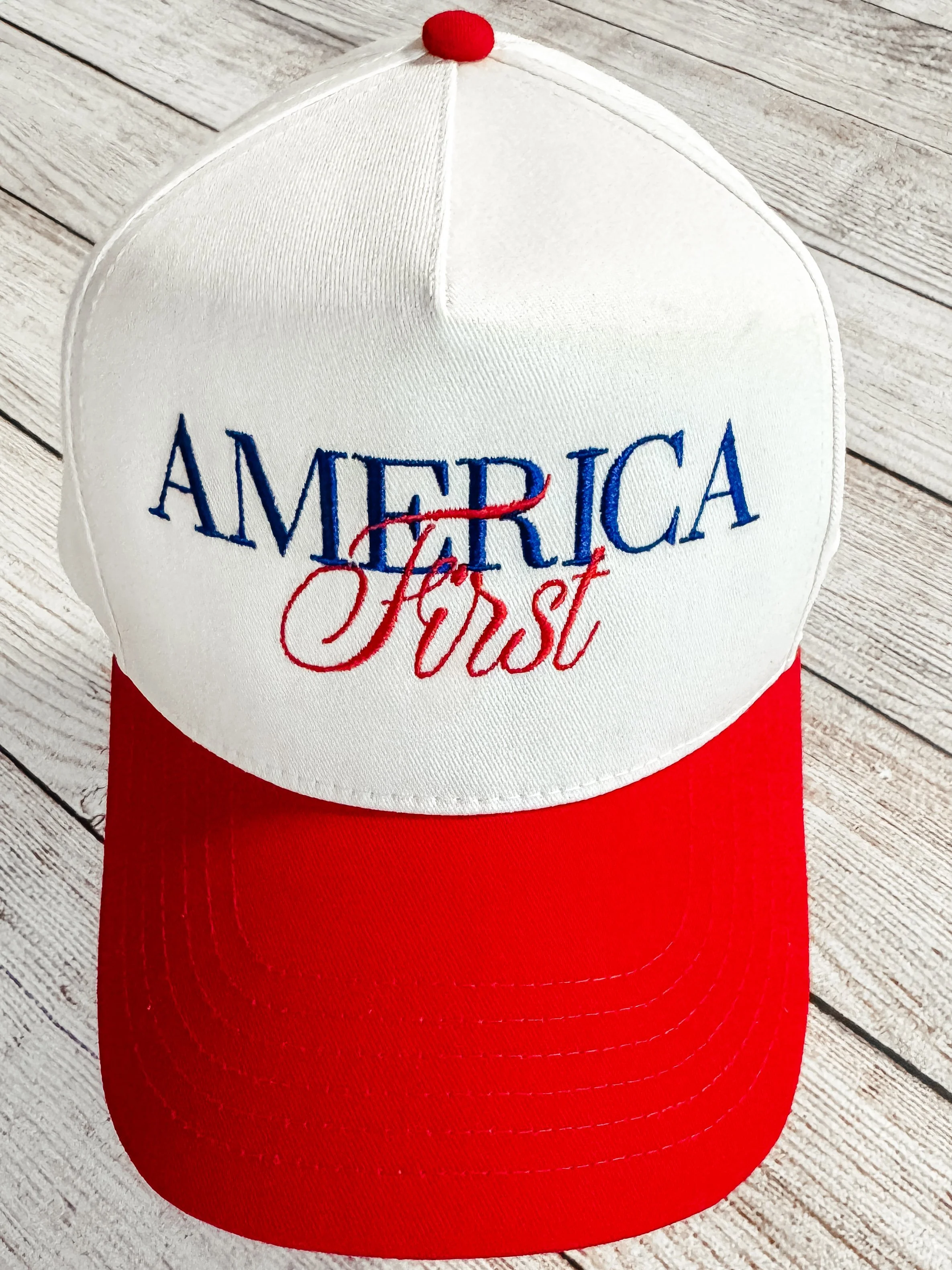 America First Embroidered Hat | Patriotic USA Baseball Cap | Custom Thread Colors | Trucker, Richardson, Flat Bill & More