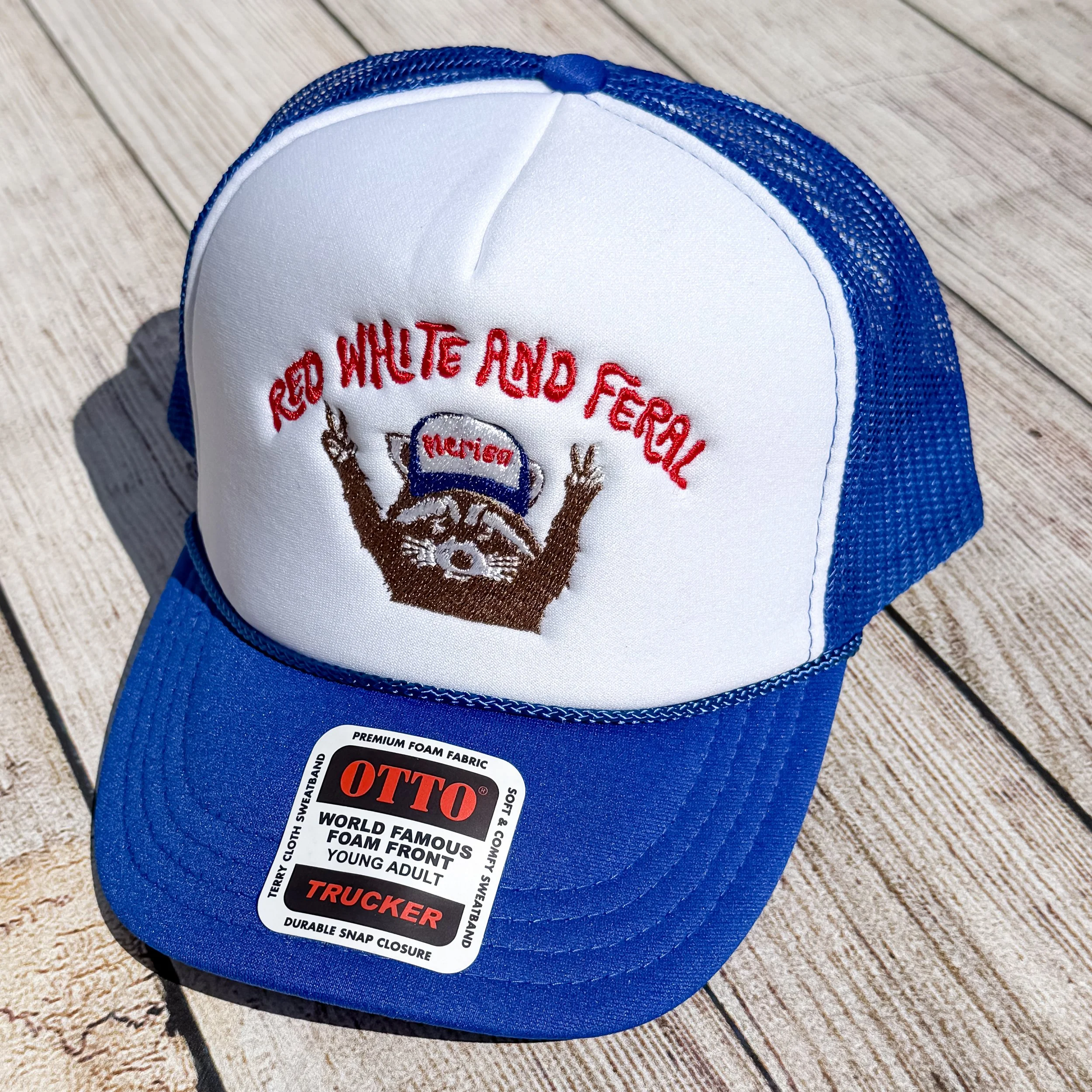 Red, White & Feral Embroidered Hat | Funny Patriotic Raccoon Hat | Custom Thread Colors | Trucker, Richardson, Flat Bill & More