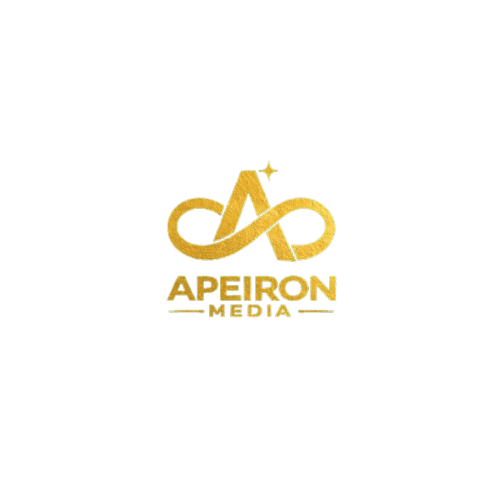 Gold logo with an infinity symbol and a star on a black background, with the text 'APEIRON MEDIA' underneath.