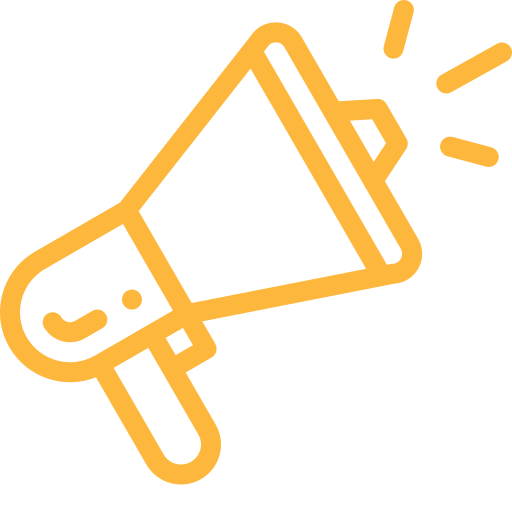 Outline of a megaphone with sound waves emitting from it, in yellow on a black background.