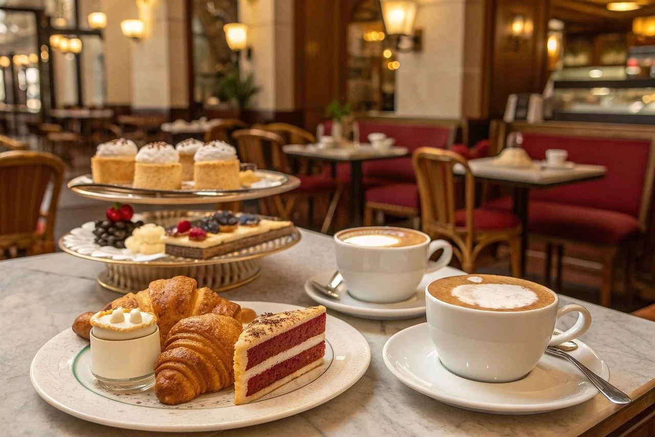 A selection of desserts including a slice of red velvet cake, croissants, a small tiramisu, and pastries, along with two cups of coffee, on a marble table in a cozy cafe.
