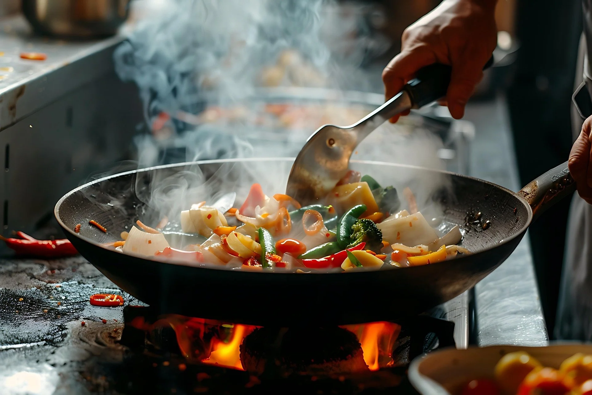 Person cooking vegetables stir-fry in a black wok on a gas stove with flames.