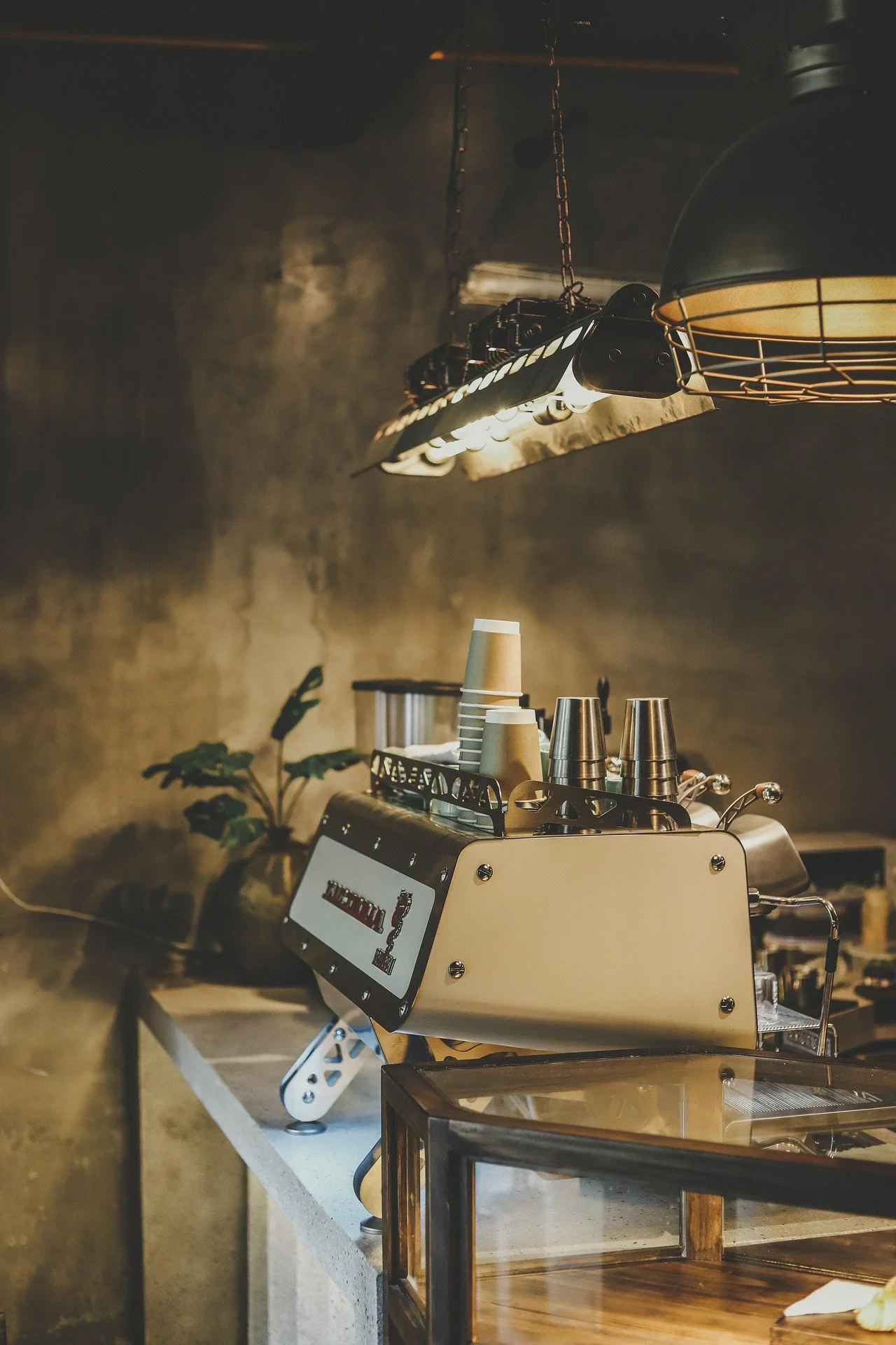 A coffee shop espresso machine on a counter, with cups and plants, hanging industrial-style lighting above, in a dimly lit interior.