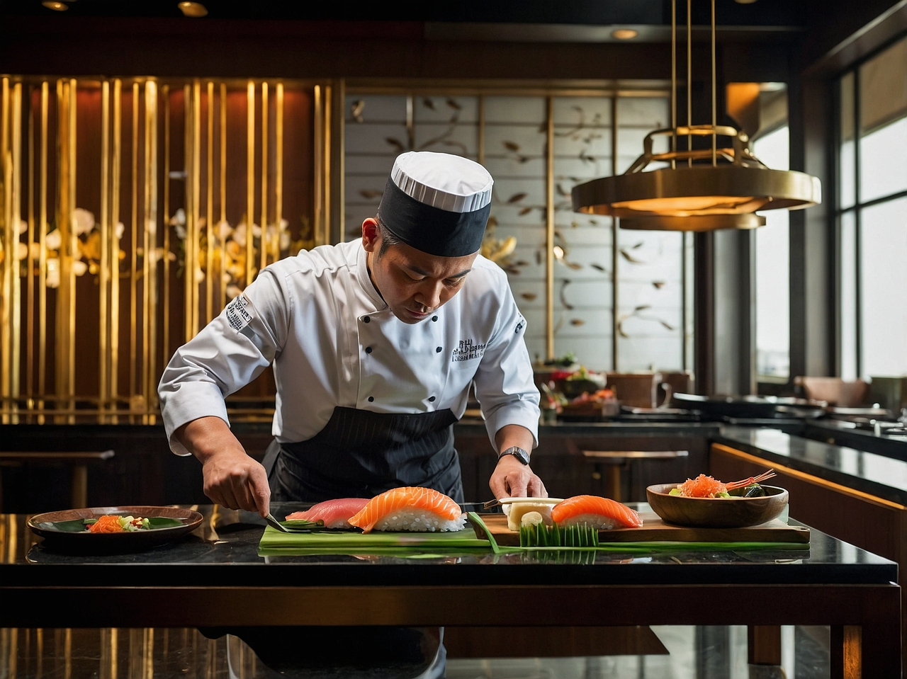 A sushi chef prepares sushi in a modern restaurant. The chef is slicing fish and arranging sushi on a green leaf. There are plates of sushi and a bowl of salad on the dark countertop, with decorative gold and wood accents in the background and large 