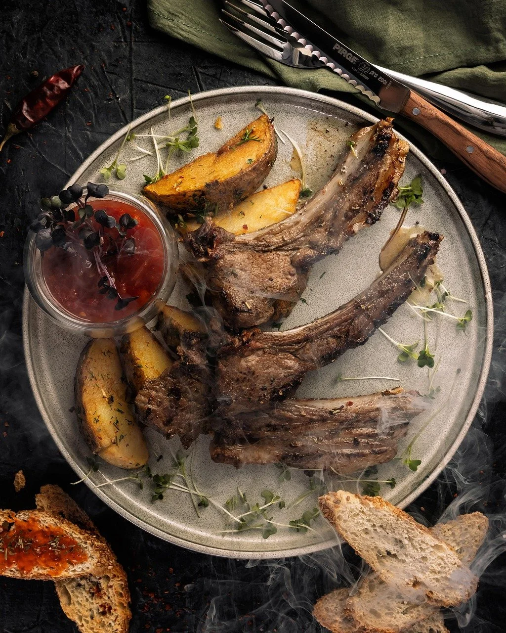Grilled lamb chops with roasted potato wedges, fresh herbs, a small bowl of berry sauce, and toasted baguette slices on a gray plate.