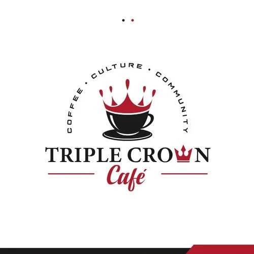 Logo for Triple Crown Cafe with a crown wearing a coffee cup and the words cafe, culture, community, coffee.