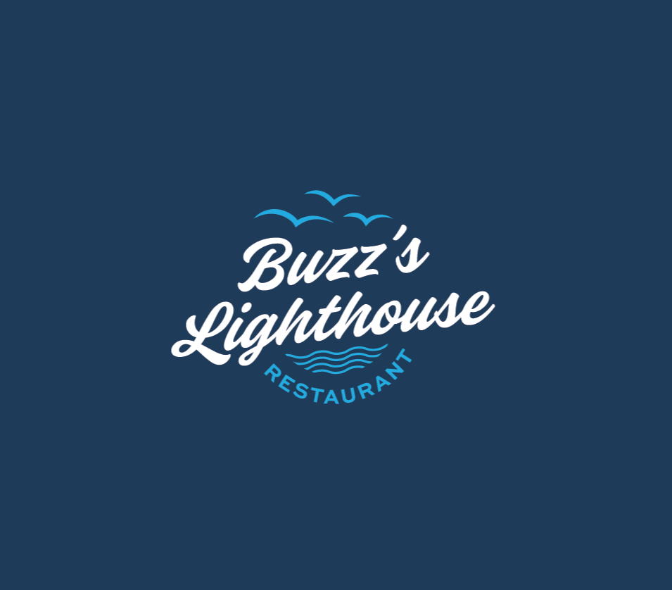 Logo for Buzz's Lighthouse Restaurant with seabirds and waves on a navy blue background.