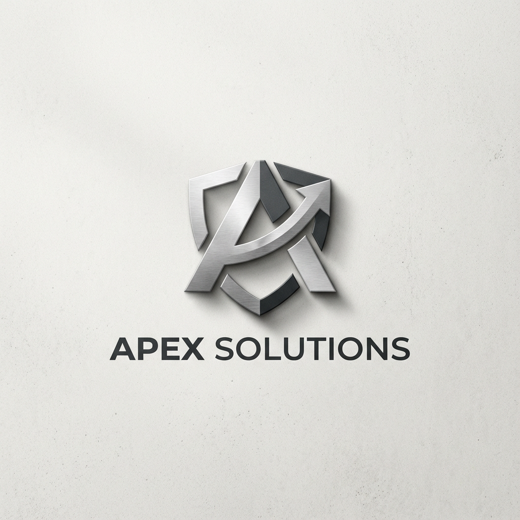 A metallic logo with a stylized 'A' and upward arrow, inside a shield shape, above the text 'APEX SOLUTIONS' on a white background.