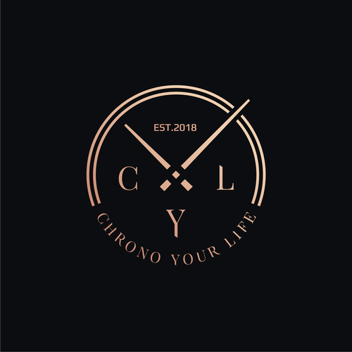 A black clock face logo with rose gold accents, displaying the words "EST. 2018" at the top, "CHRONO YOUR LIFE" at the bottom, and the letters "C," "Y," and "L" around the clock face.