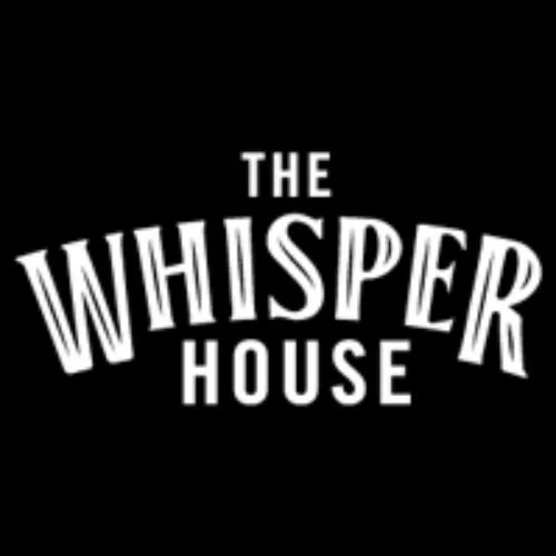 Logo for The Whisper House in black and white with stylized text.