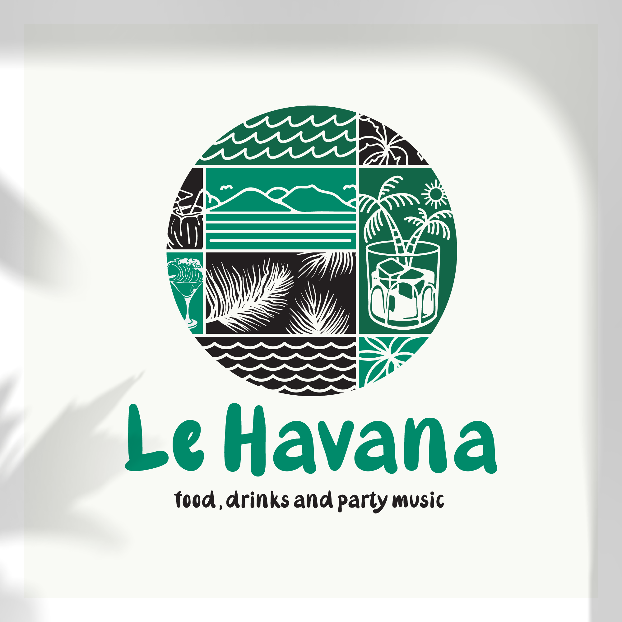 A circular illustration divided into multiple sections, depicting ocean waves, birds, mountains, palm trees, and a drink with ice. Below, the text reads 'Le Havana' in bold green letters, with smaller black text saying 'food, drinks and party music'.