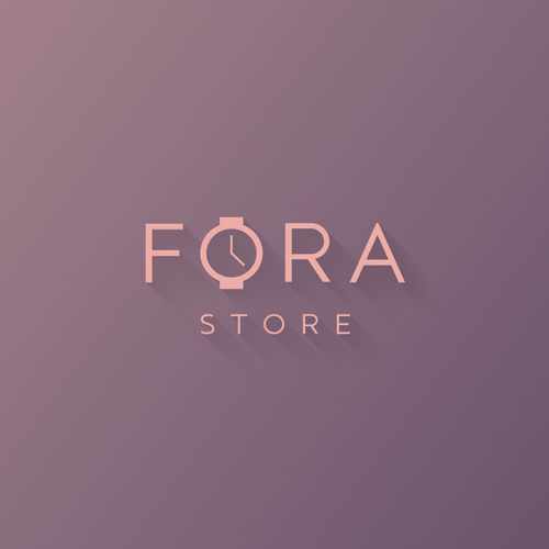 Logo for FORA STORE with a pink watch face in place of the letter 'O' on a purple background.