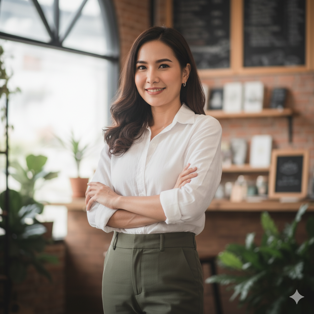 A woman with long dark hair smiling with arms crossed, inside a cozy café with bookshelves and plants in the background.