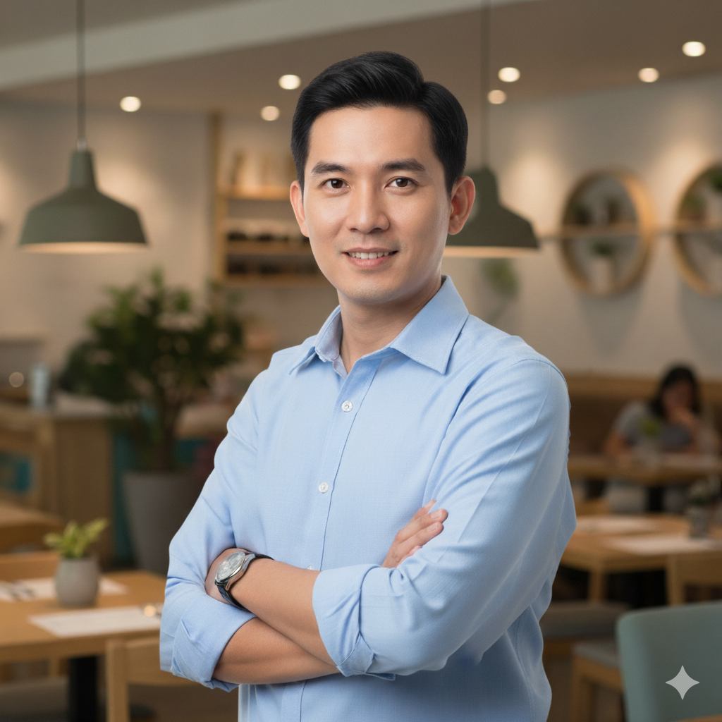 A smiling Asian man with black hair in a light blue shirt, standing with arms crossed in a modern office or cafe with warm lighting and blurred background.