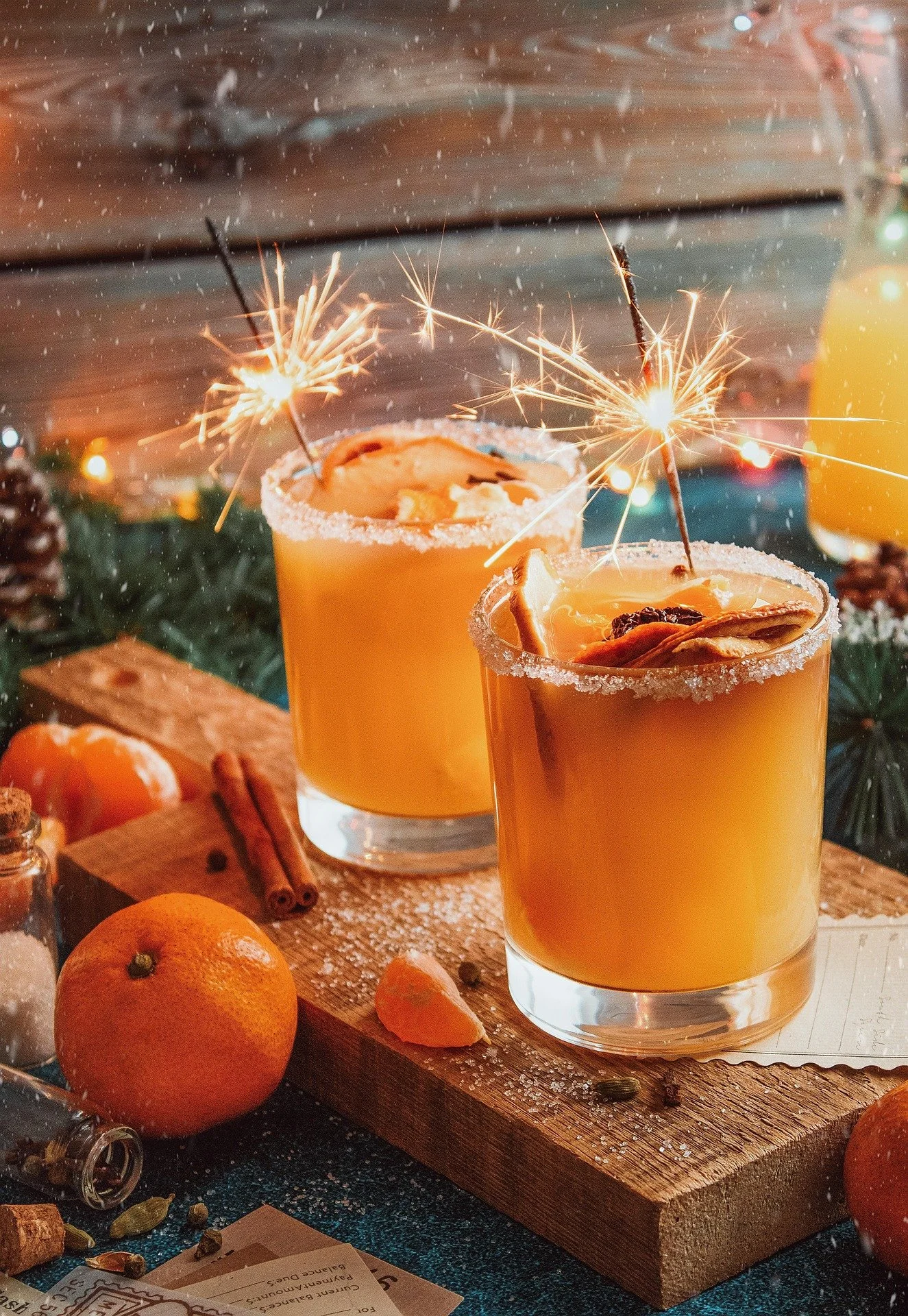 Two glasses of orange-colored drinks with salted rims and garnishes, lit sparklers, oranges, cinnamon sticks, and spices on a rustic wooden surface, surrounded by holiday decorations.