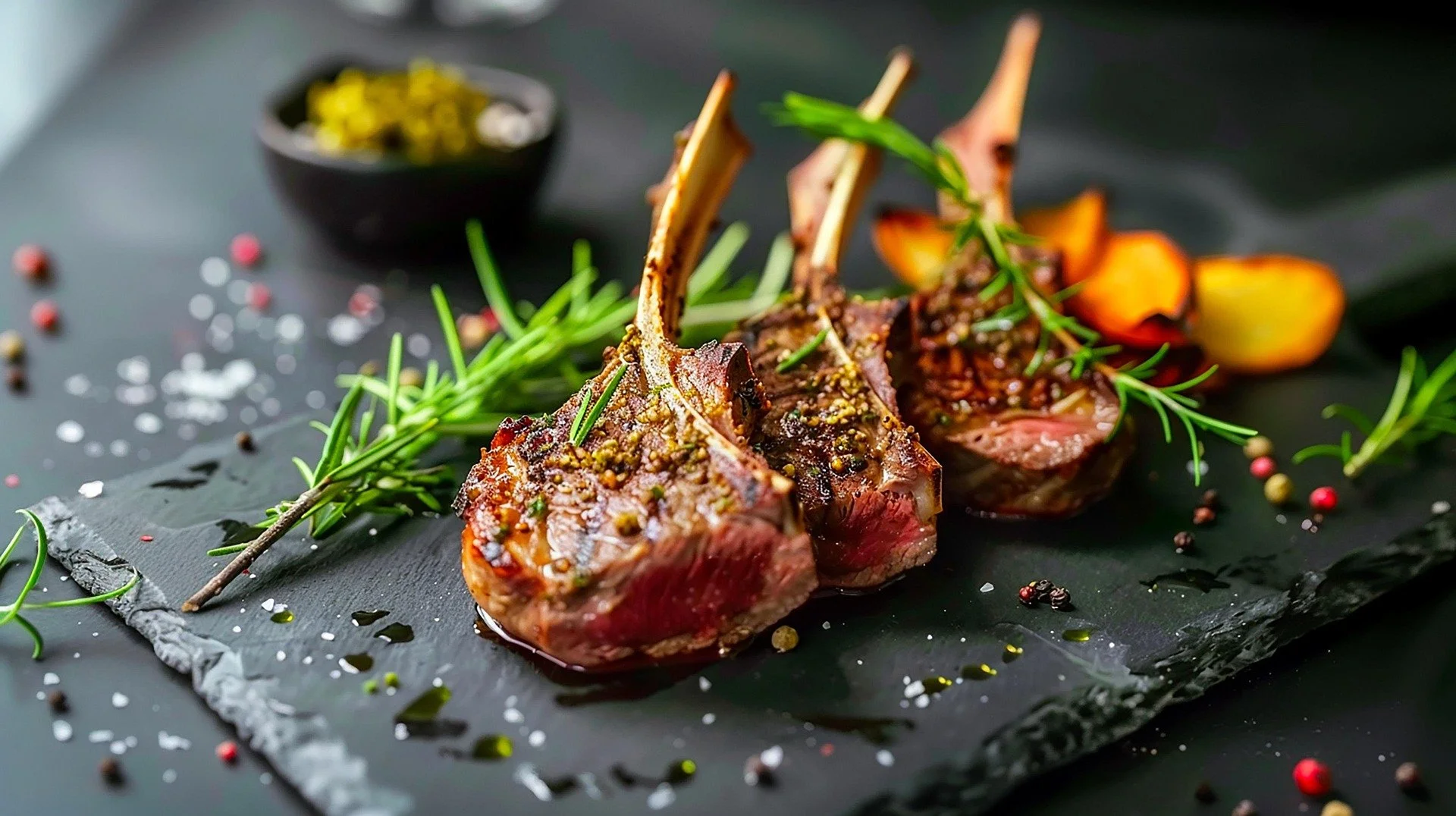 Three cooked lamb chops garnished with rosemary sprigs on a black slate serving board, seasoned with coarse salt, black and pink peppercorns, and drizzled with olive oil, with some roasted sweet potato slices in the background and a small bowl of green condiment in the back.