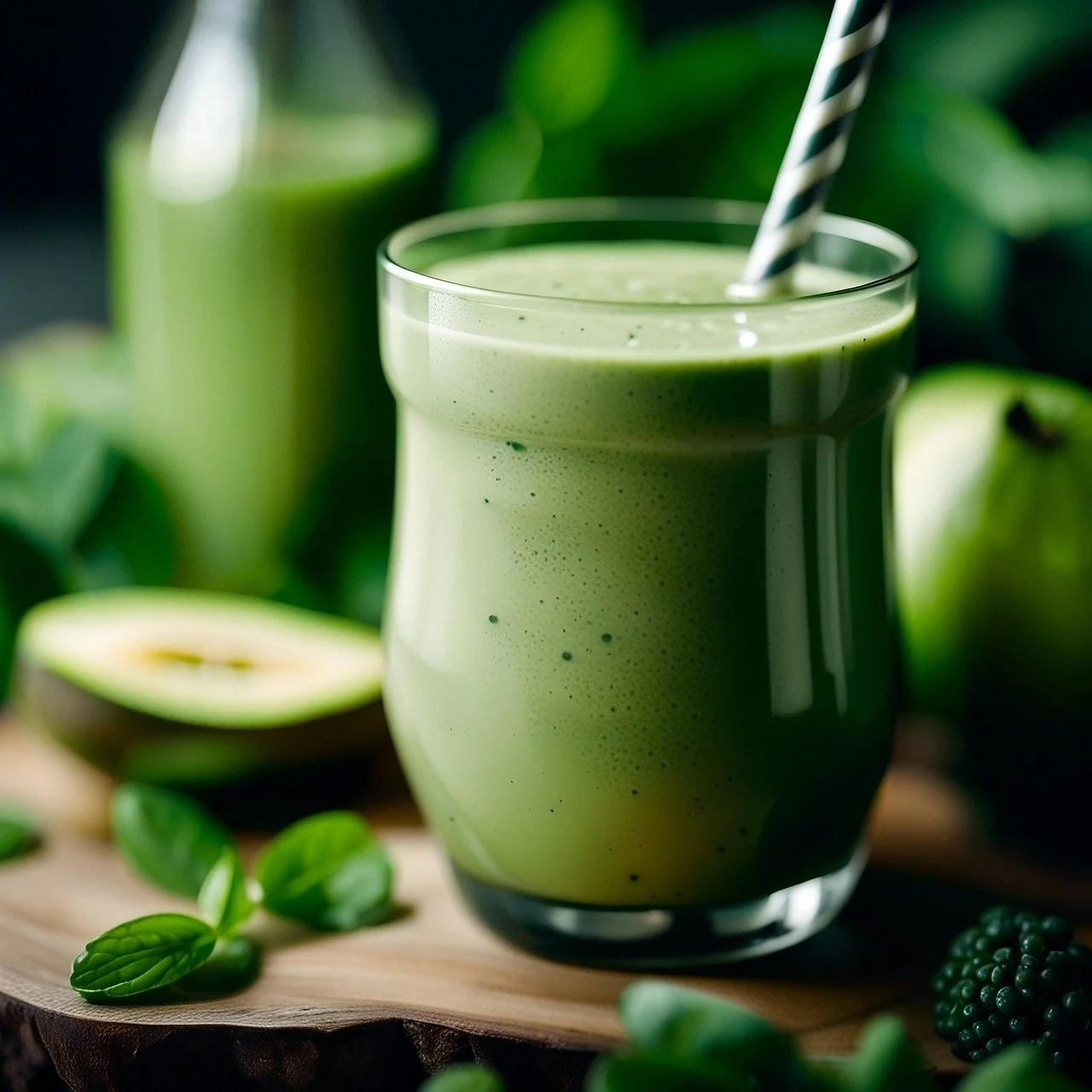 A glass of green smoothie with a striped straw, garnished with blackberries, basil leaves, and surrounded by green apples and a green juice bottle.