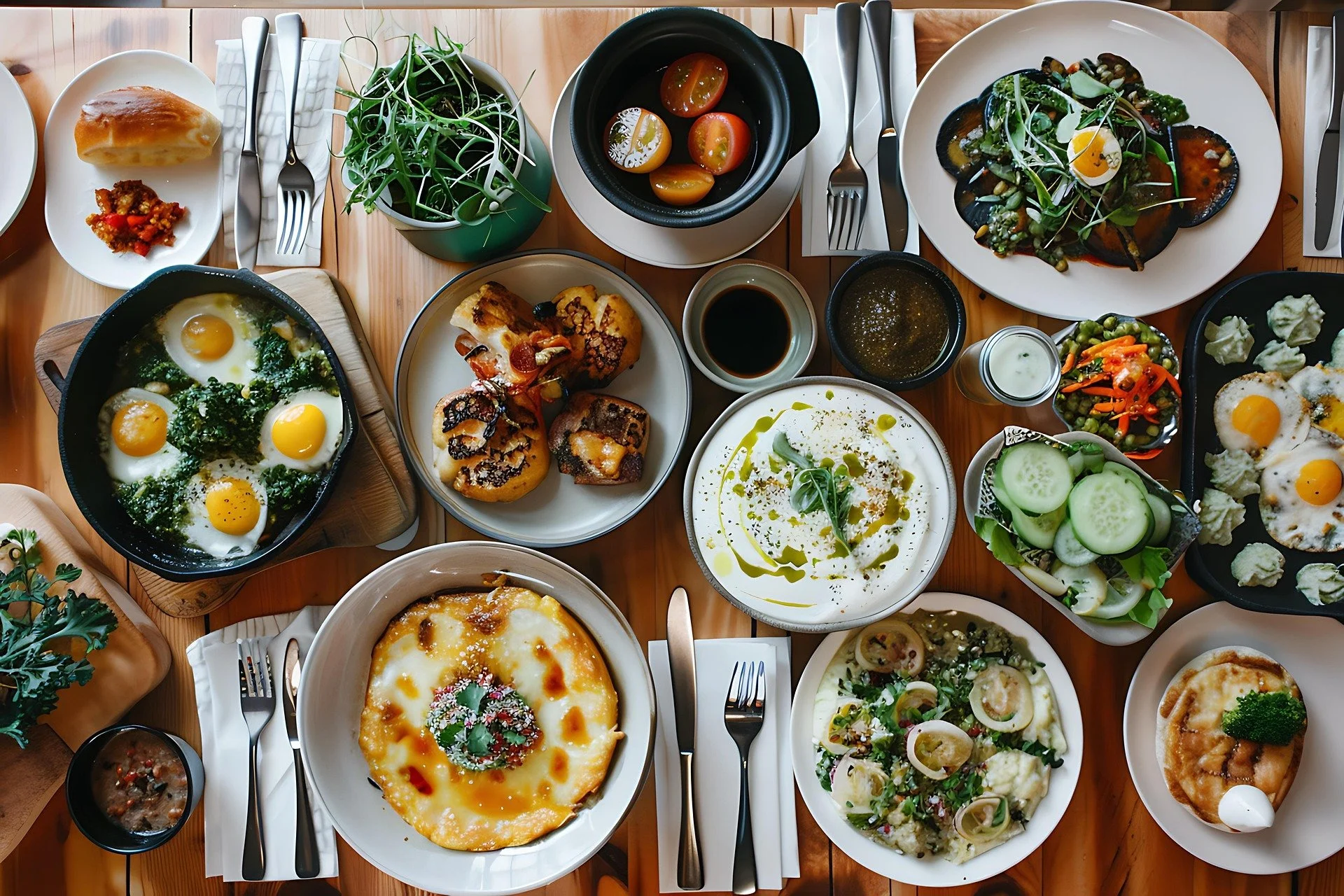 A table filled with various dishes including a skillet of fried eggs with herbs, a bowl of cherry tomatoes, a salad with greens and tomatoes, a plate of baked eggs with vegetables, a mug of black coffee, a bowl of yogurt with herbs, a small bowl of p