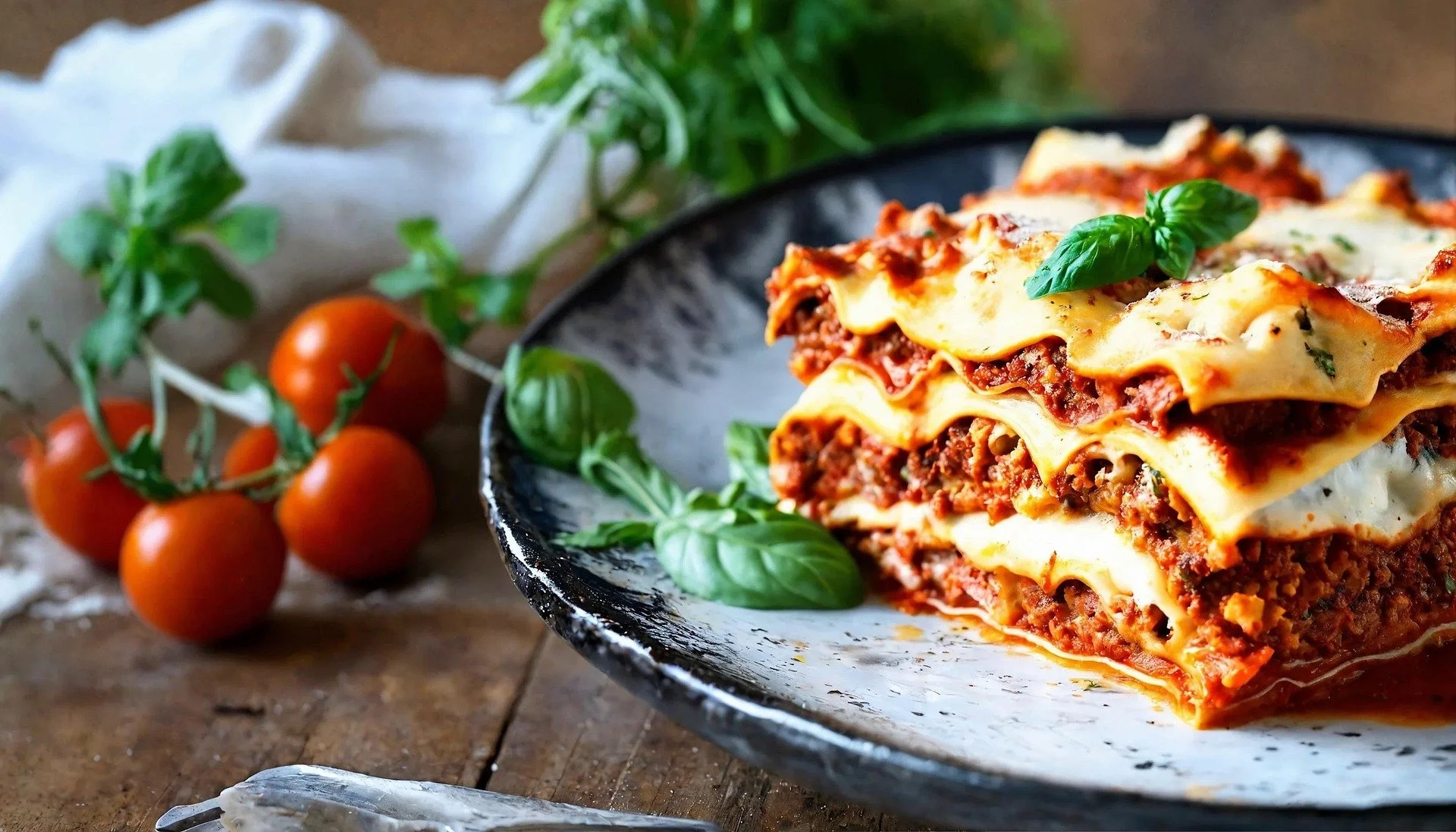 A slice of lasagna with layers of pasta, meat sauce, and melted cheese garnished with fresh basil on a rustic plate, with cherry tomatoes and green herbs in the background.