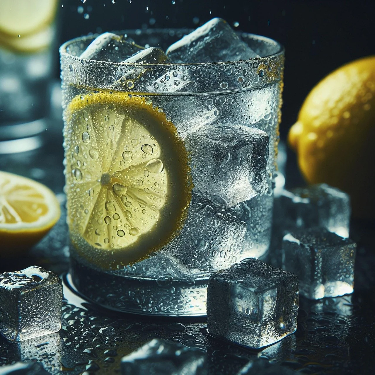 A glass of sparkling water with lemon slice and ice cubes, surrounded by additional lemon halves and ice cubes on a dark surface.
