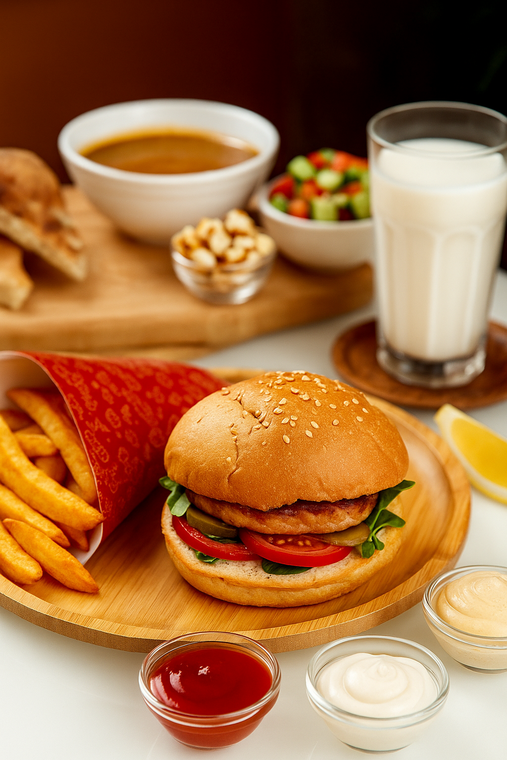A cheeseburger with lettuce, tomato, and pickles, served with French fries, various condiments, a glass of milk, a bowl of soup, a small salad, and a bowl of mixed nuts on a wooden board.