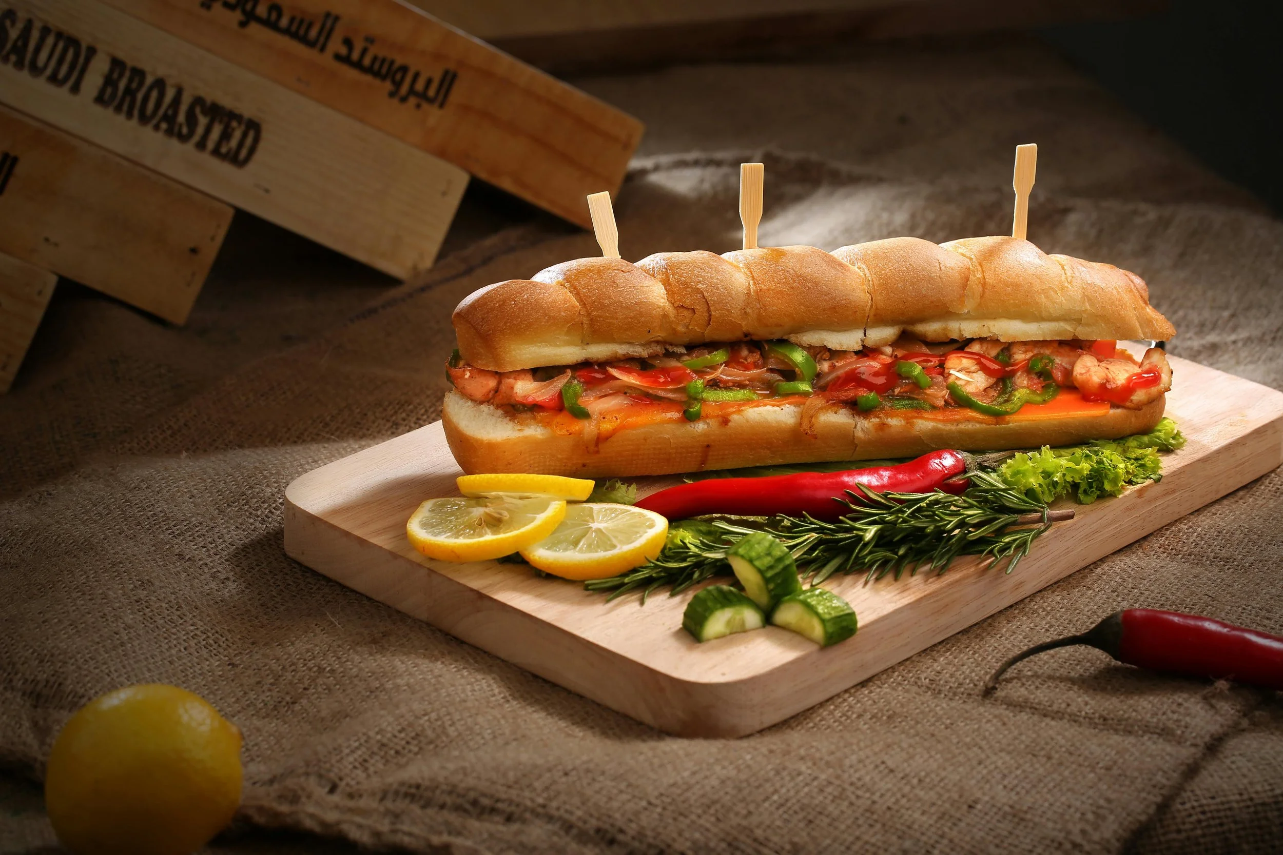 Lobster roll sandwich on a wooden board with lemon slices, chili pepper, and fresh herbs, on a textured cloth surface.
