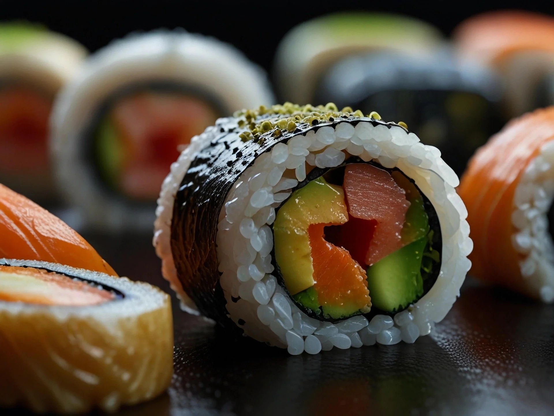 Close-up of assorted sushi rolls, including a roll with rice, seaweed, avocado, and raw fish, on a black surface.