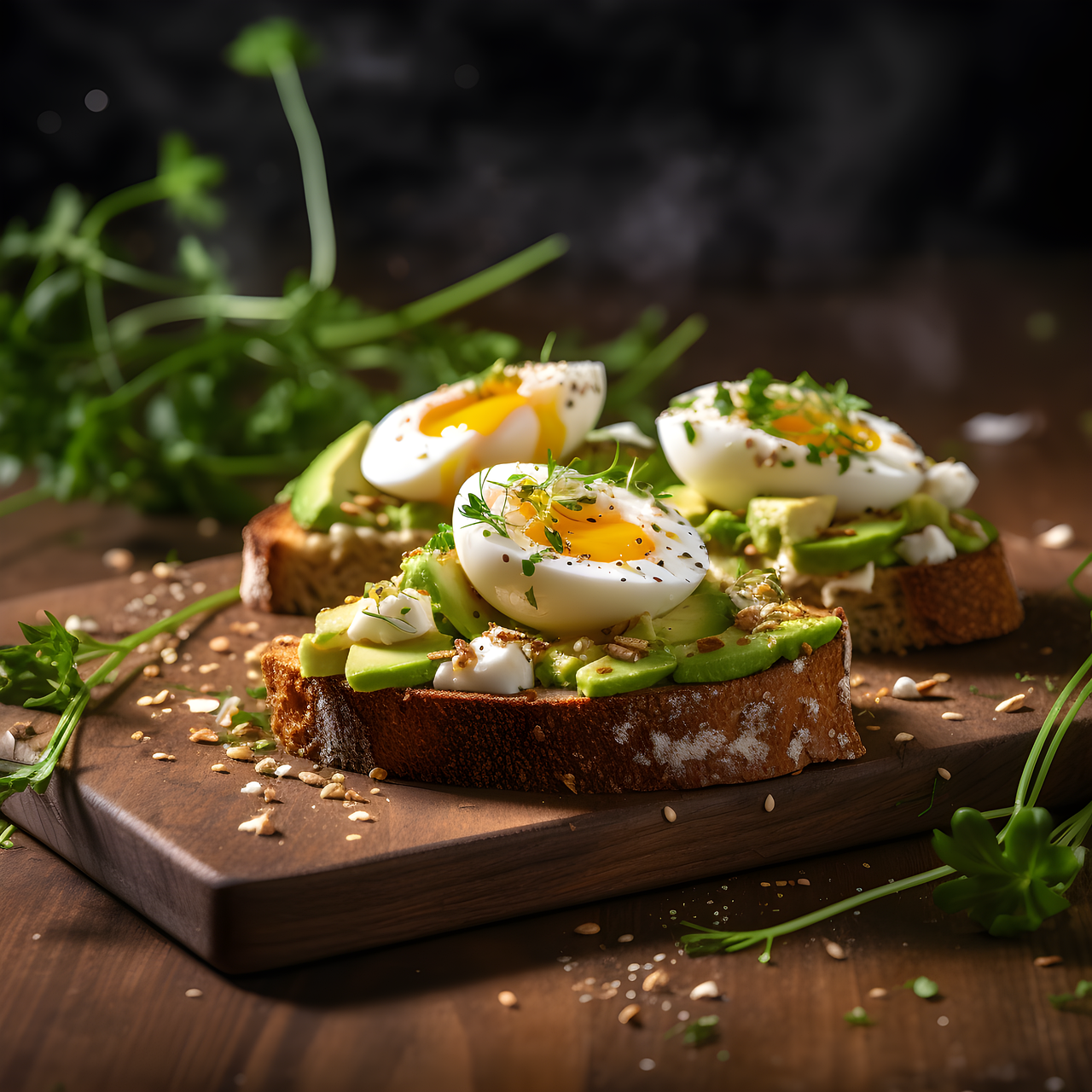 Open-faced avocado toast topped with soft-boiled eggs, chopped herbs, and seeds on a wooden cutting board, garnished with microgreens.