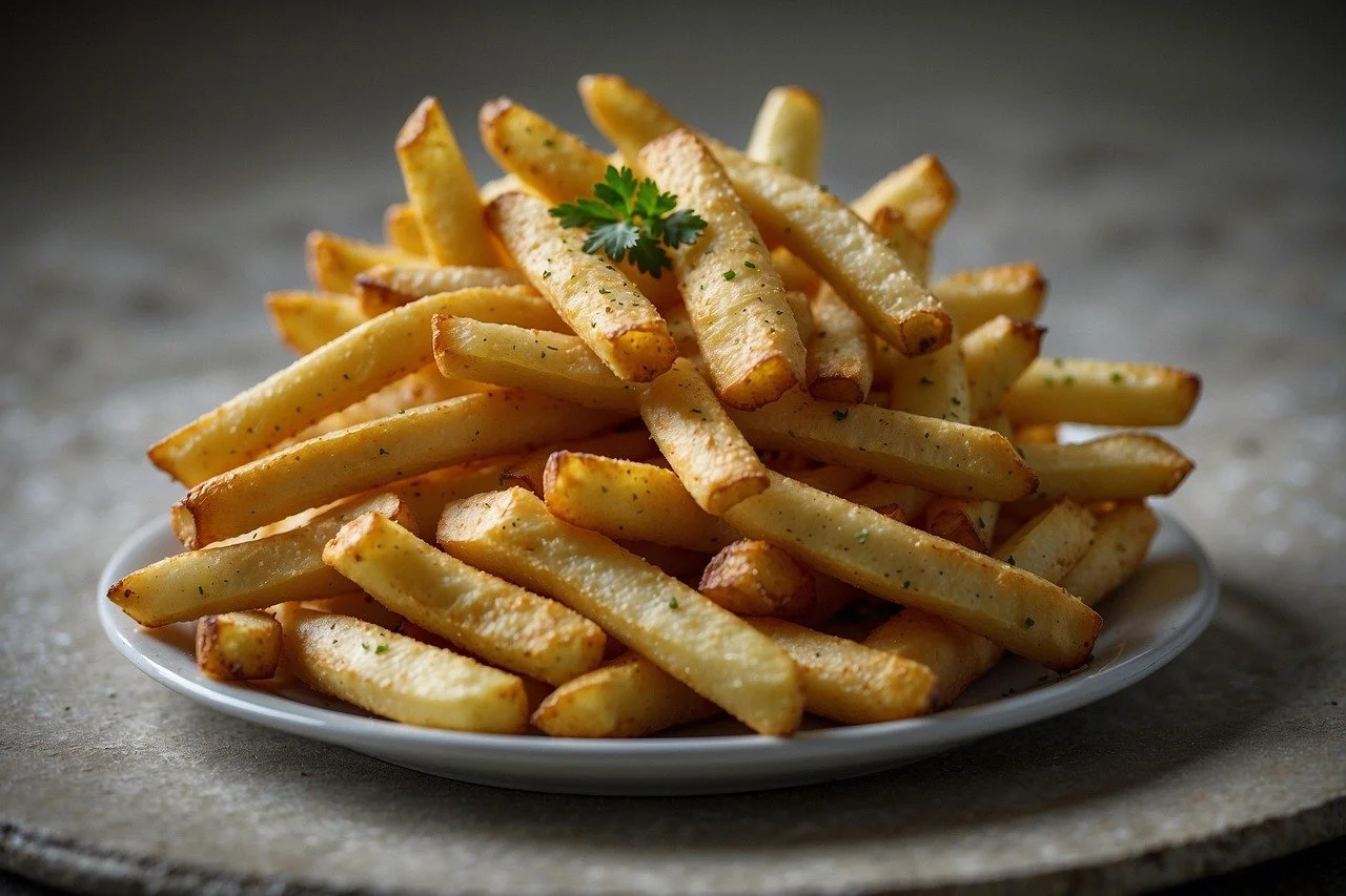 Golden French fries garnished with parsley on a white plate