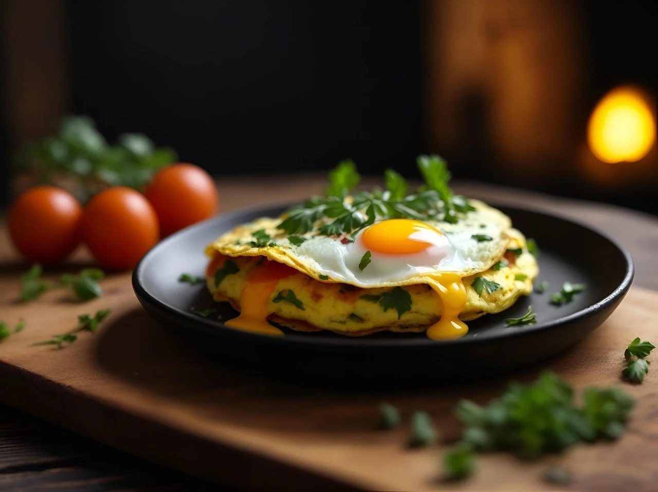 A savory breakfast dish featuring a fried egg with runny yolk atop a vegetable omelette garnished with parsley, served on a black plate with cherry tomatoes in the background.