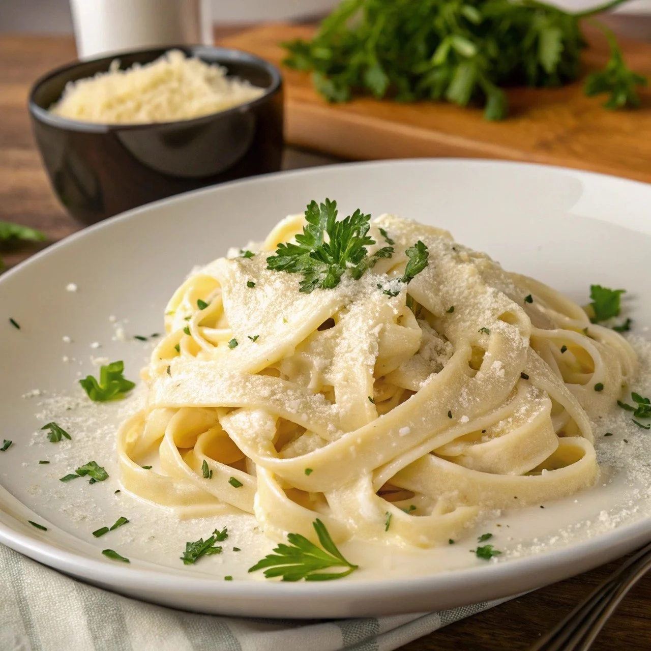 Plate of fettuccine pasta garnished with parsley and grated cheese, with a bowl of grated cheese and fresh herbs in the background.