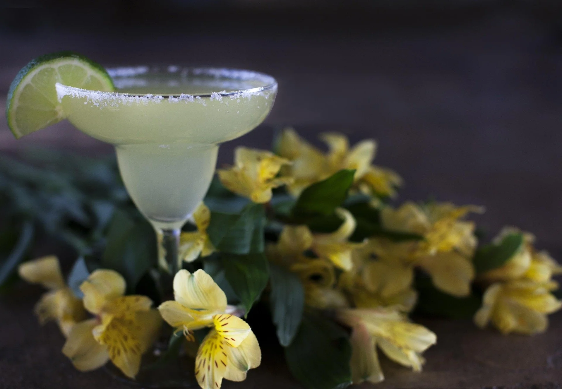 A margarita cocktail garnished with a lime wedge and salted rim, placed on a dark surface with yellow flowers and green leaves in the background.