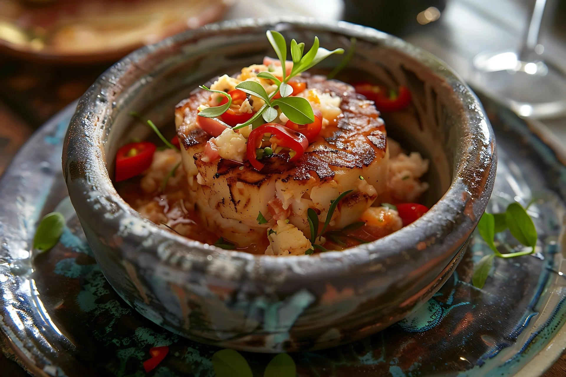A gourmet dish featuring seared fish or scallop topped with chopped tomatoes, chili peppers, and garnished with microgreens, served in a rustic ceramic bowl.
