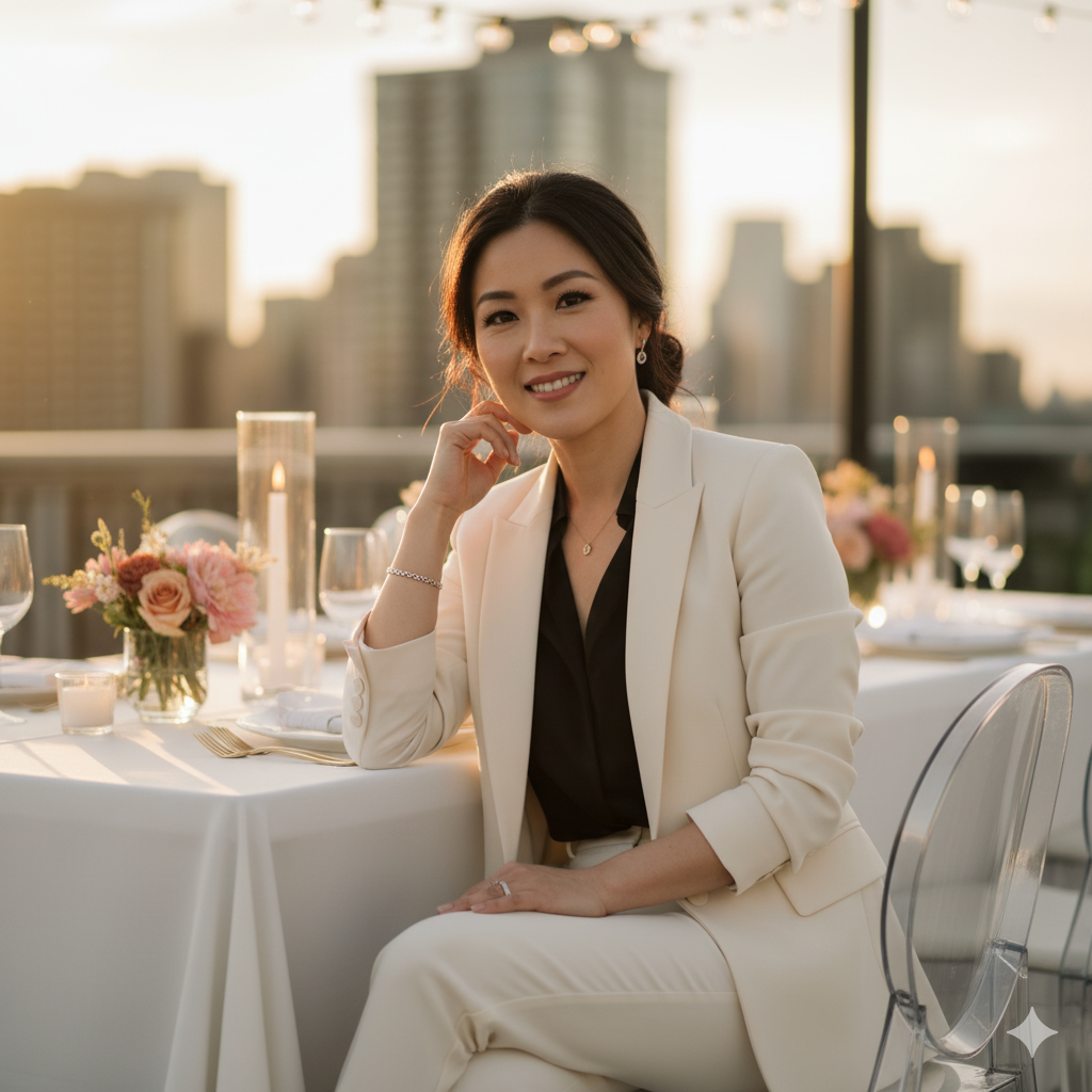 A woman in a white blazer and black blouse sitting at a decorated table on a rooftop or balcony with city skyline in the background during sunset, smiling at the camera.