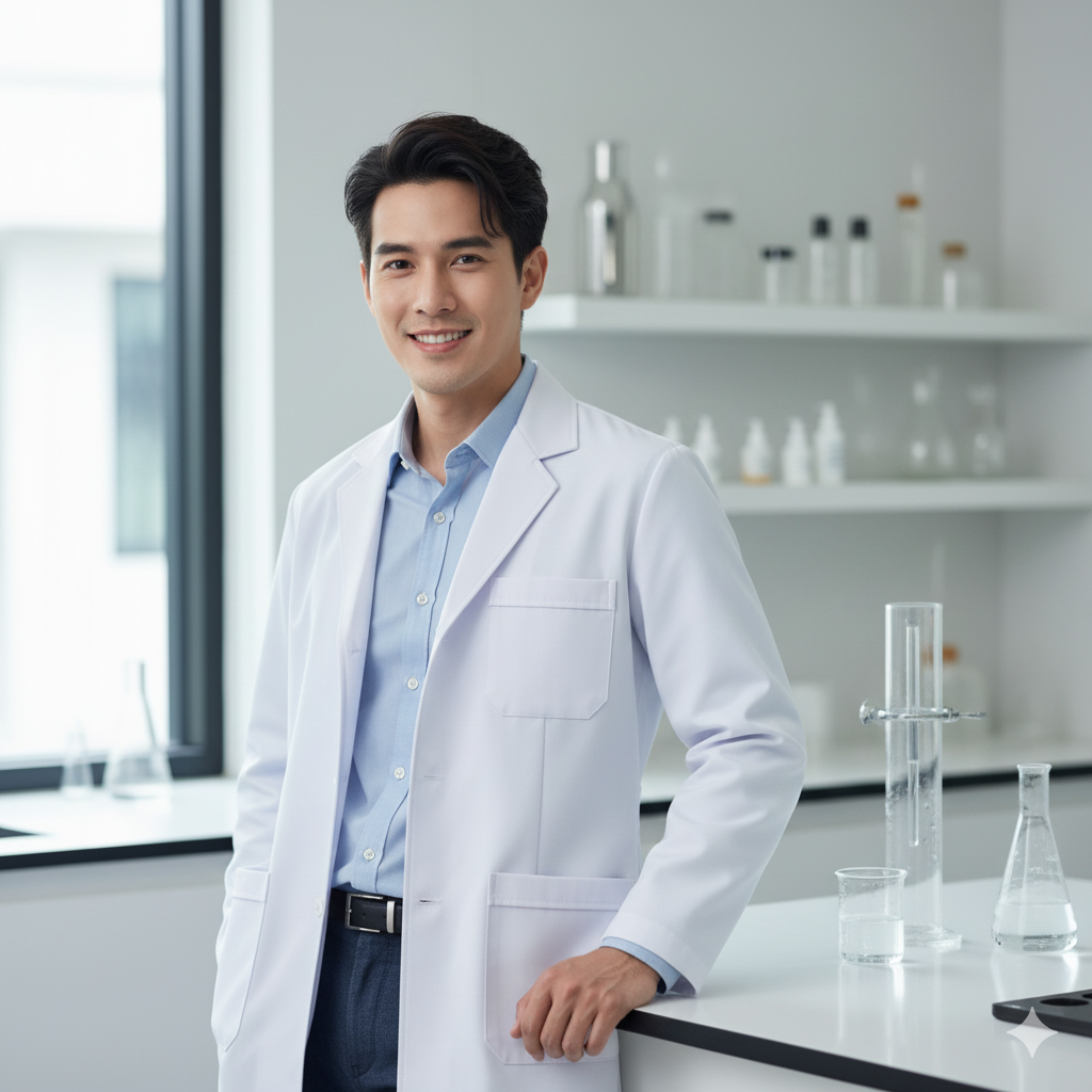 A male scientist or doctor standing in a laboratory, wearing a white lab coat and a light blue shirt, smiling. The background shows shelves with laboratory supplies and glassware, with a window on the left side.