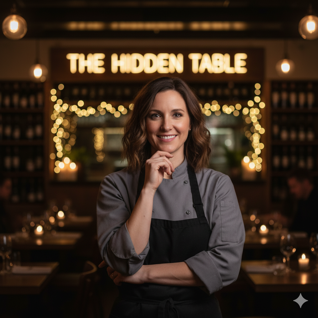Woman smiling wearing a gray chef's coat and black apron inside a restaurant with dim lighting and warm decorations, and a sign that reads 'The Hidden Table' in the background.