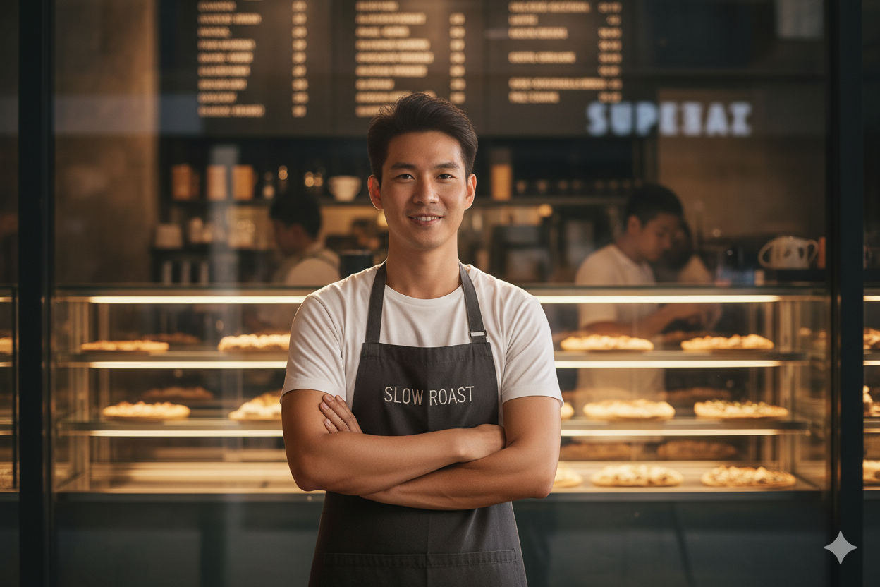 A man standing inside a bakery with his arms crossed, wearing an apron that says "Slow Roast," in front of a display case filled with baked goods.
